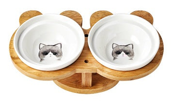 Double Ceramic Bowl Set with Wooden Stand