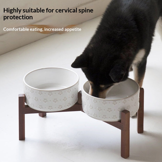 Ceramic & Acacia Wood Elevated Feeding Bowl