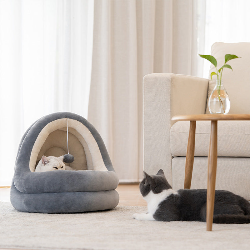 Plush Pet House Bed with Removable Cushion