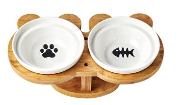 Double Ceramic Bowl Set with Wooden Stand